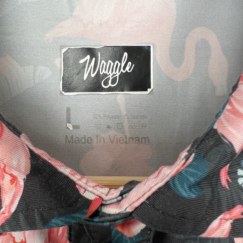 Waggle Golf Polo Shirt Men's Large Navy Jungle Pink Flamingo Hawaiian‎ Blossom - Picture 2 of 7